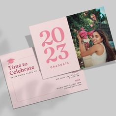 two pink graduation cards with the number twenty five on them and an image of a woman holding flowers