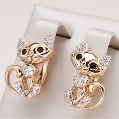 1 Pair Golden Cute Cat Earrings - Micro Wax Inlay Zircon Fashion Jewelry For Birthday Party Cat Earrings, Earrings Color, Gold Black, Cute Cat, Jewelry Earrings, Wax, Fashion Jewelry, Birthday Party, Women Jewelry