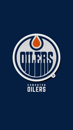 the edmonton oilers logo on a dark blue background with white and orange lettering that reads,