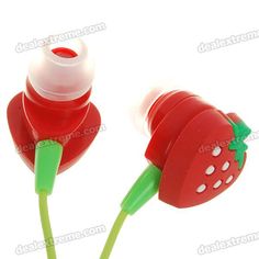 the red ear buds are attached to each other with green stems and white dots on them