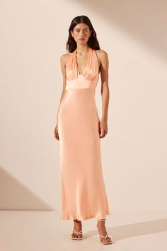 Wedding Dresses Edit - Bridal, Bridesmaid & Guest - Shona Joy Peach Dress Outfit Wedding, Peach Pink Dress, Peach Color Dress, Dress Deep V Neck, Peach Party