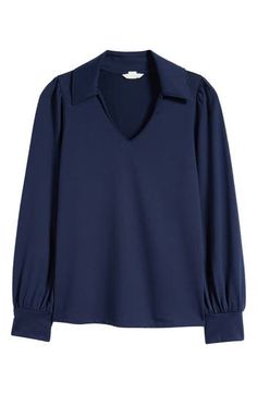 A johnny collar enhances the sporty insouciance of a long-sleeve polo updated with voluminous sleeves. 24" length (size Medium) Johnny collar V-neck Long sleeves 66% polyester, 29% rayon, 5% spandex Machine wash, dry flat Imported Johnny Collar, Voluminous Sleeves, Navy Blazer, Long Sleeve Polo, Top Brands, Nordstrom, Long Sleeves, Size Medium, Spandex