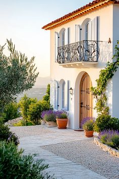 a large white house with lots of windows and plants