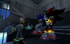 two sonic and tails characters in a dimly lit room