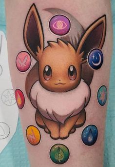 a close up of a person's leg with tattoos on it and an image of a pikachu