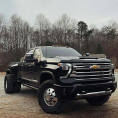 a large black truck parked on top of a gravel lot next to trees and bushes