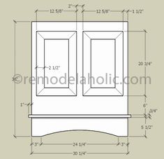 an architectural drawing of the front and side of a cabinet, with measurements for each door