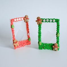 two frames decorated with plastic beads and teddy bears are shown in the shape of an ornament