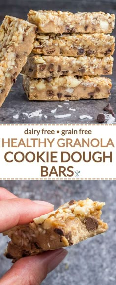 healthy granola cookie dough bars are stacked on top of each other