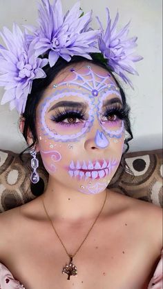 Coco Inspired Makeup, Kids Catrina Makeup, Purple Day Of The Dead Makeup, Easy Dia De Los Muertos Makeup Ideas, Catrina Face Paint, Sugar Skull Makeup Pretty, Simple Catrina Makeup, Pretty Skull Makeup, Pink Skull Makeup