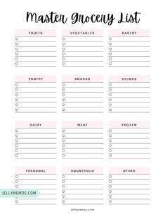 a printable grocery list with the words,'master grocery list'on it