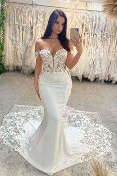 Classic Sweetheart Sleeveless Off-the-Shoulder Mermaid Lace Wedding Dress-Ballbella Mermaid Lace Wedding Dress, Lace Bridal Dress, Wedding Dresses Mermaid Sweetheart, Bridal Dresses Lace, Dream Wedding Ideas Dresses, Bridal Party Dresses, Lace Bridal Gown, Brides Wedding Dress, Lace Bridal