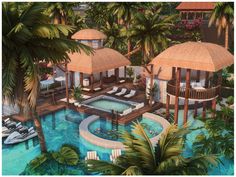 an artist's rendering of a tropical resort with swimming pool and cabanas