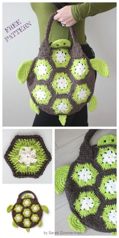 the crocheted turtle bag is made with green and white yarns, while the tortoise shell has flowers on it