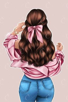 the back of a woman's head with long hair and a pink bow