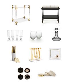 a collection of glassware and other items are arranged on a white background with gold accents