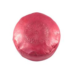 a red leather poufce with an intricate design on the top and bottom, sitting in front of a white background