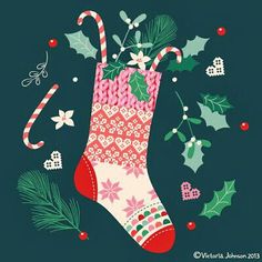 a christmas stocking with holly and candy canes