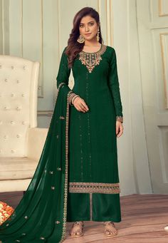 Green faux georgette palazzo suit 3105  Desc:  Style : Pakistani Salwar Kameez Color : Green Fabric : Faux Georgette Work : Embroidery Wash Care : Dry clean Sleeve Style : Full Sleeve Long Sleeves : Done only in Custom Stitch Sleeves Lining : Done only in Custom Stitch Bust Size : 32 to 42 Inches Occasion : Wedding   Diwali   Eid   Mehendi   Sangeet   Reception   Ceremonial   Engagement. With Express Free Shipping and Custom Stitching, Buy Eid Special Sharara Party wedding wear anarkalis Green f Green Indian Wedding, Georgette Palazzo, Dupatta Dress, Green Dupatta, Fancy Embroidery, Eid Dress, Suits Online Shopping, Pakistani Suit, Weddings Receptions