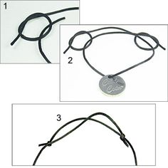 four pictures showing how to tie a cord around a disc ornament with string