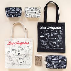 the los angeles tote bag and other items are laid out next to each other