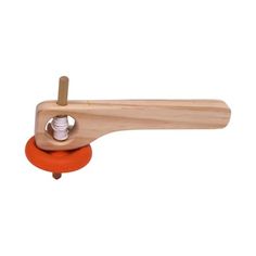 a wooden toy with an orange handle