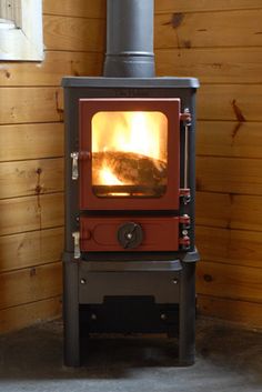 a wood burning stove in a small room