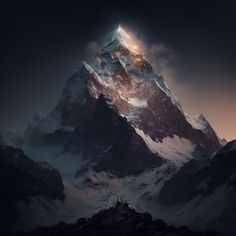 a very tall mountain covered in snow under a night sky with stars and light coming from the top