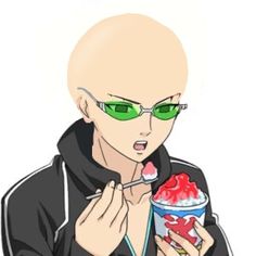 a man with green glasses eating an ice cream sundae