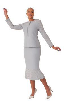 Liorah Knit 7304 silver knit skirt suit Cocktail Suit, Knit Suits, Silver Jacket, Church Fashion, Church Suits, Chic Skirts, Embellished Top, Mid Length Skirts, Long Jacket