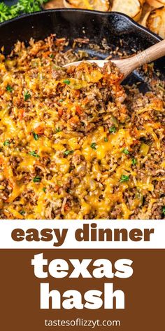 easy dinner texas hash browns in a cast iron skillet with text overlay that reads easy dinner texas hash browns