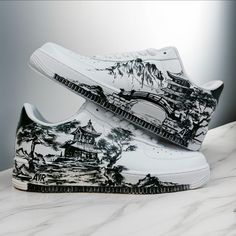 Unique custom sneakers AF1, black white japan handpainted art, unisex casual shoes, personalized gifts, AF1 customs    Attention! When choosing a size, focus on the length of the shoes in the size chart. Made to order Please make sure you have ordered the correct size, the shoes are handmade to order and will be dyed specifically for you, so an exchange and refund will not be possible due to size issues. Please select the size according to the table attached to the photos, which was taken using the Nike size chart.  The painting is done with resistant Angelus leather paint and sealed with a finisher to protect against scratches. Shoe care with painting: - Clean by hand with a damp cloth with soap solution ; - After cleaning, let the shoes dry on their own ; - If possible, treat with a wate Custom Sneakers, Air Force 1, Nike Air Force, Air Force, Casual Shoes, Nike Air, Personalized Gifts, Force, Black White