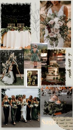 a collage of photos with flowers and greenery on them, including the bride's bouquet