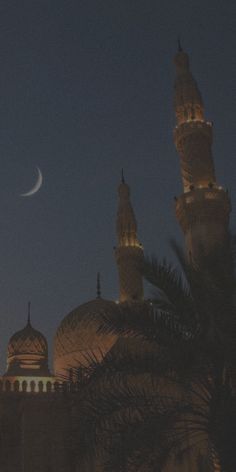 the moon is setting over an ornate building with domes and minarets on it