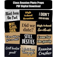 the back cover of class reunion photo propps, which includes several different words and phrases