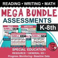 the mega bundle for reading, writing and math is shown in this image with text