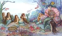 four mermaids sitting on the ground next to a turtle