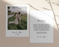 a wedding thank card with an image of a bride and groom on the back, in front of a white background