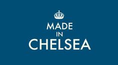 the words made in chelsea are white and blue with a crown on it's head