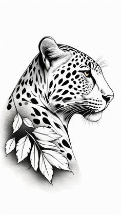 a black and white drawing of a cheetah's head with leaves on it