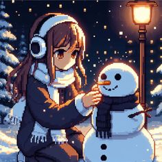 a girl building a snowman with headphones on in front of a street light