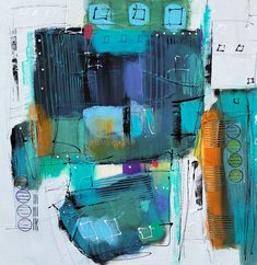 an abstract painting with blue, green and orange colors