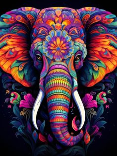 an elephant with colorful patterns on it's face and tusks, painted in bright colors