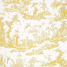 a yellow and white toiler wallpaper with people in the woods on it