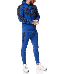 JERONE blue tracksuit. The set includes a hoodie and sweatpants. The hoodie has a zipper, elastics in the hem and sleeves. Print pattern on the chest and sleeves. Drawstrings in the hood. The trousers have elasticated cuffs, the same embroidery on the sides. Blue Tracksuit, Hoodie And Sweatpants, Print Pattern, New Product, Jogging, Pants Set, Print Patterns, Sweatpants, Trousers