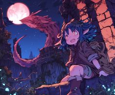 an anime character sitting on the ground in front of a castle with a dragon flying over it