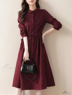 Elluis - Elegant Retro Shirt Dress with Floor-Length Hem Casual Collared Midi Dress For Winter, Casual Mid-length Shirt Dress For Fall, Casual Collared Midi Dress For Fall, Basic Skirt, Skirt Skirt, Retro Shirts, Basic Outfits, Shirt Collar, Wine Red