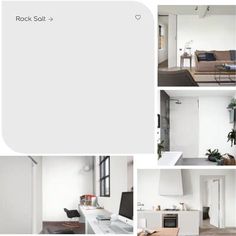 the interior of an apartment with white walls and wood floors is shown in four different photos