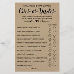 a brown paper card with black writing on it that says, over or under the bridal shower