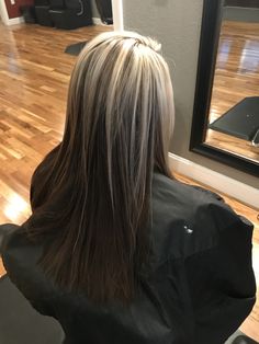 Random Blonde Streaks, Blonde Highlights On Dark Hair Layers, Top Deck Hair, Chunky Silver Highlights, Half White Half Brown Hair, Blond On Top Dark Underneath, White Highlights Hair, Reverse Peekaboo Hair, Dark Hair With Platinum Highlights